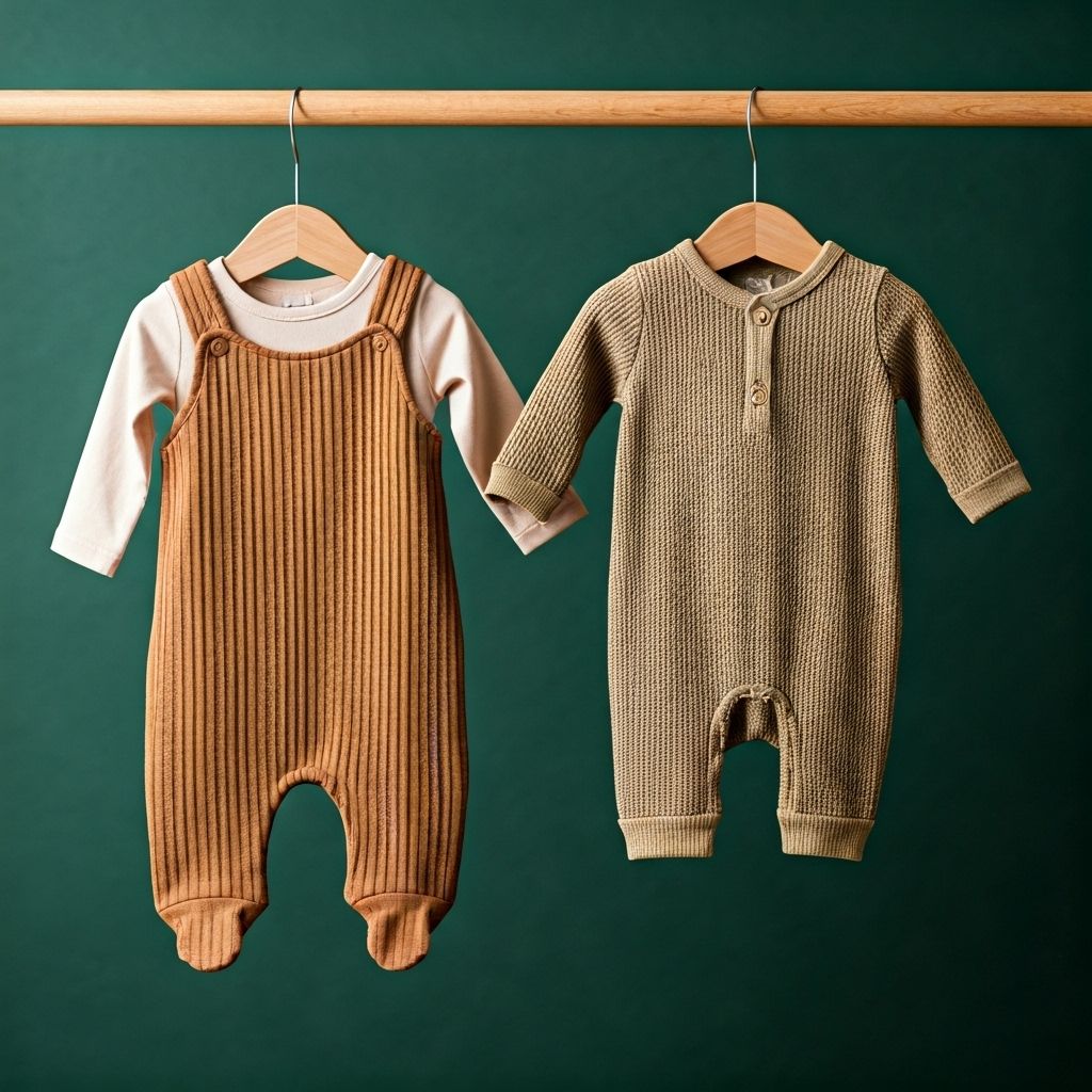 Baby clothes in calm earth tone colors hanging