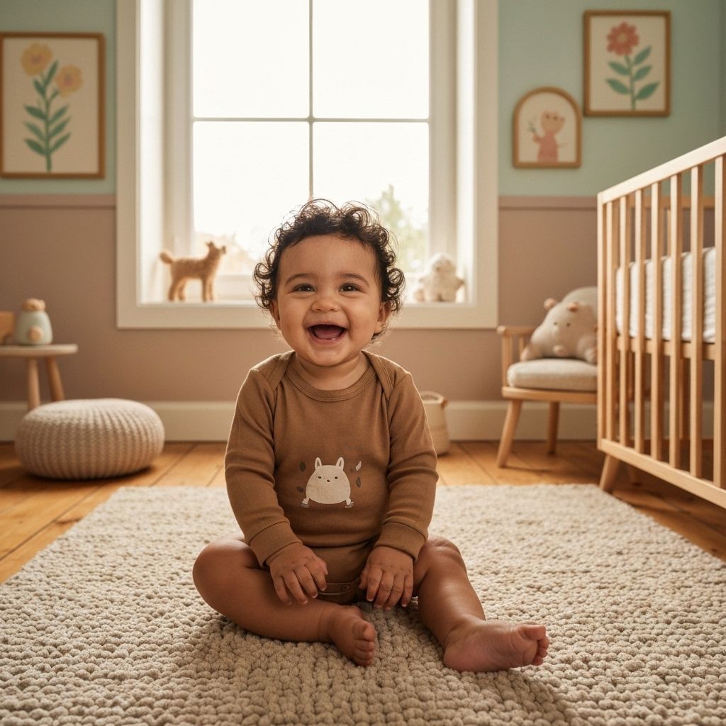 Happy baby wearing organic cotton onesie in natural nursery setting